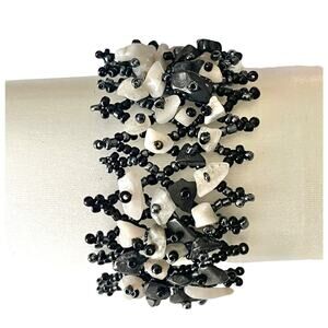 Woven Micro Bead Agate Stone Bracelet Blue White Gray 1.5" Wide 7-8" Wrist